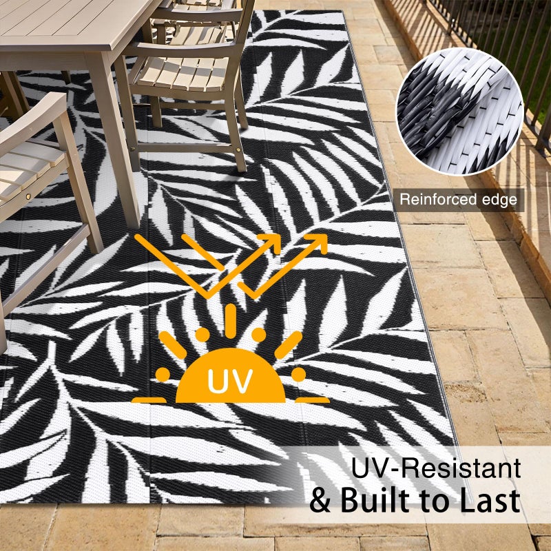 OLANLY Waterproof Outdoor Rug 5x8 ft, Reversible Outdoor Plastic Straw Rug with Leaf Pattern, RV Mat, Indoor Outdoor Carpet for Patio, Camping, Balcony, Deck, Backyard, Black & White - Image 4
