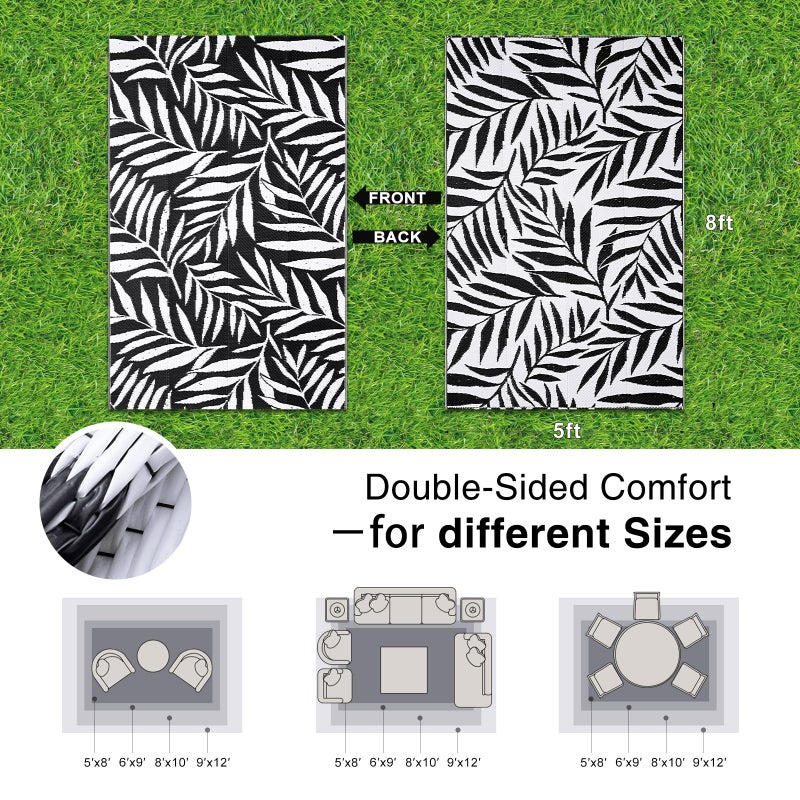 OLANLY Waterproof Outdoor Rug 5x8 ft, Reversible Outdoor Plastic Straw Rug with Leaf Pattern, RV Mat, Indoor Outdoor Carpet for Patio, Camping, Balcony, Deck, Backyard, Black & White - Image 2