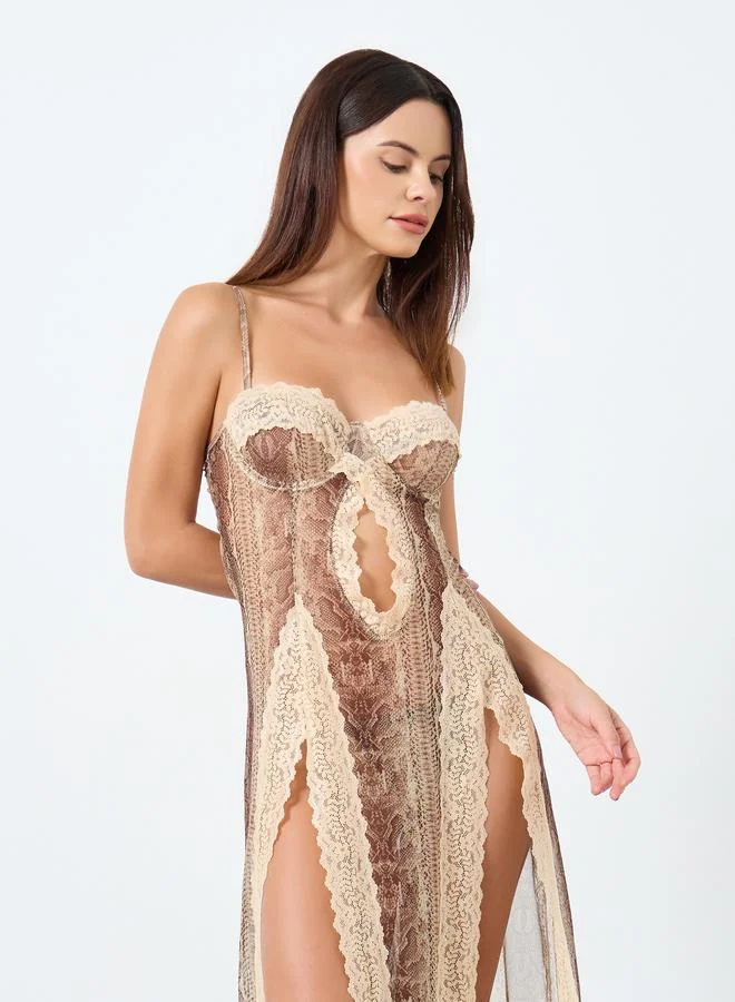 Take Two Graphic Print Lace Trim Wired Split Cami Dress with Brief Set