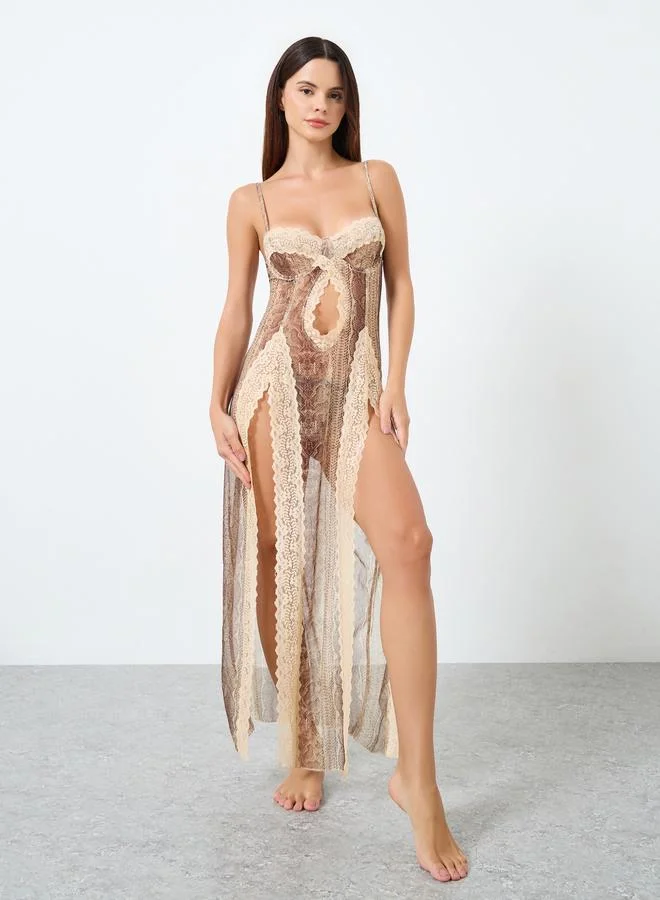 Take Two Graphic Print Lace Trim Wired Split Cami Dress with Brief Set