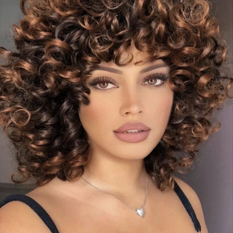 باروكة قصيرة فضفاضة ومجعدة للنساء السود مع تدرج أومبري مع غرة باروكة قصيرة بنية مجعدة أفرو صناعية نصف باروكات للنساء شعر ناعم T33 أسود إلى بني