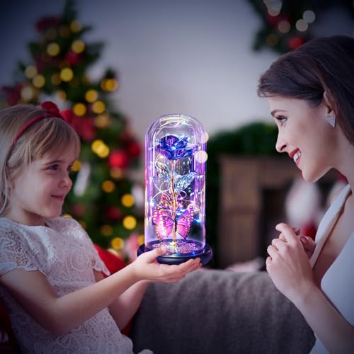 Pusuny Womens Gifts for Christmas, Christmas Rose Gift for Women Birthday Gift Galaxy Glass Rose Forever Eternal Crystal Flower Light Up Roses in Glass Dome Purple Xmas Gifts for Mom Grandma Wife Her Sister - Image 4