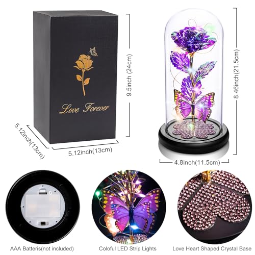 Pusuny Womens Gifts for Christmas, Christmas Rose Gift for Women Birthday Gift Galaxy Glass Rose Forever Eternal Crystal Flower Light Up Roses in Glass Dome Purple Xmas Gifts for Mom Grandma Wife Her Sister - Image 3