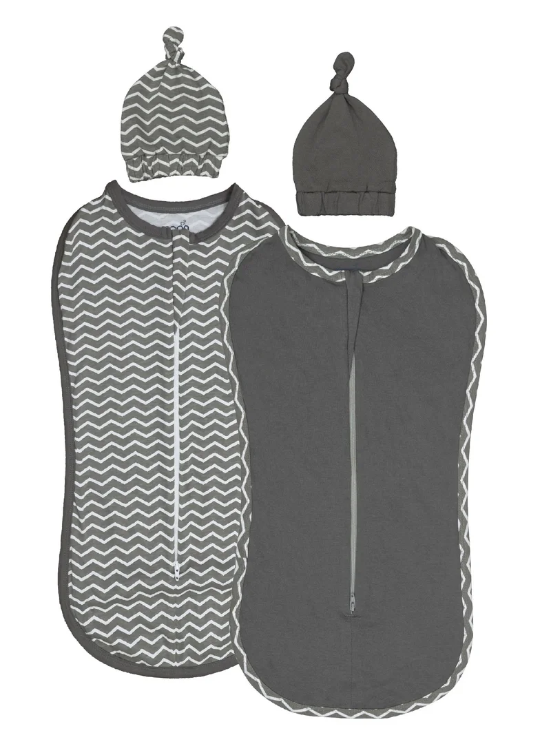Moon Swaddle Pods With Beanie Pack Of 2 Front Two Way Zippered Grey And Stripes Print