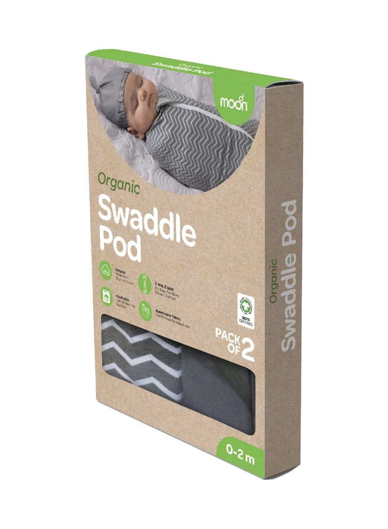 Moon Swaddle Pods With Beanie Pack Of 2 Front Two Way Zippered Grey And Stripes Print