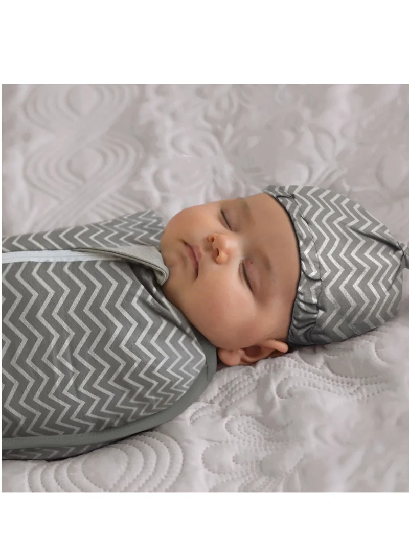 Moon Swaddle Pods With Beanie Pack Of 2 Front Two Way Zippered Grey And Stripes Print