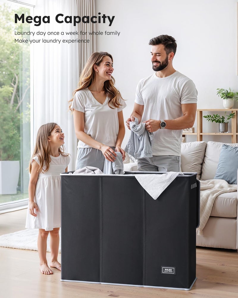 Telfun 180L Laundry Hamper 3 Section, Extra Large Laundry Hamper with Lid, Dirty Clothes Hamper with Sturdy Handle, Large Laundry Basket Organizer for Laundry Room, Bedroom, Hampers for Laundry - Image 3