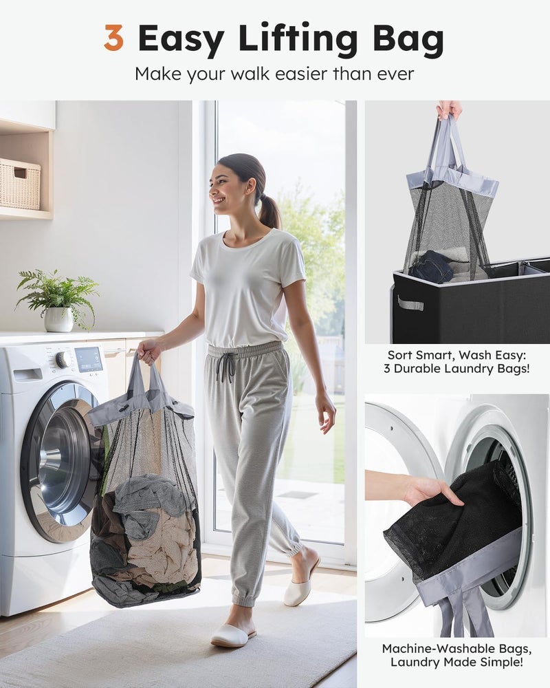 Telfun 180L Laundry Hamper 3 Section, Extra Large Laundry Hamper with Lid, Dirty Clothes Hamper with Sturdy Handle, Large Laundry Basket Organizer for Laundry Room, Bedroom, Hampers for Laundry - Image 5