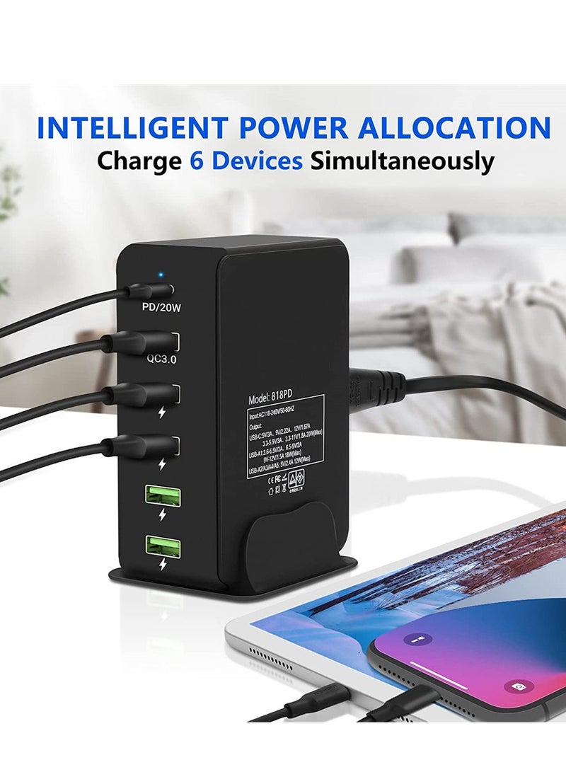 SYOSI Charger Block 6 in 1, 65W USB C Charger 3A, Charging Hub with 6 USB Ports for Multiple Electronics, USB Charging Station Multiports, Universal Desktop Phone Charger Travel Ready (Black) - Image 4