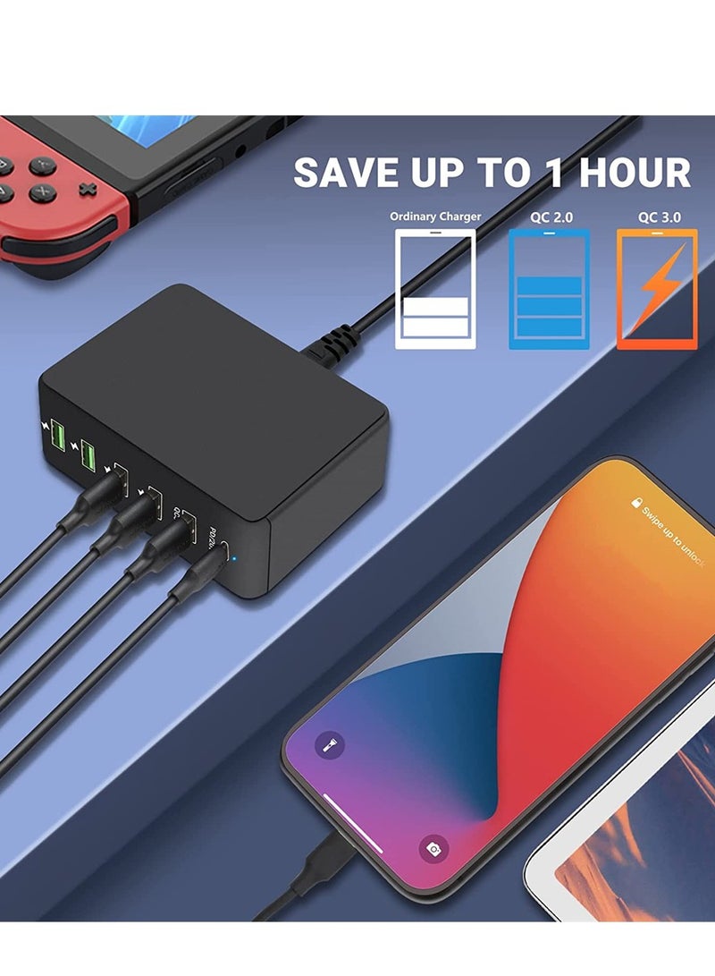 SYOSI Charger Block 6 in 1, 65W USB C Charger 3A, Charging Hub with 6 USB Ports for Multiple Electronics, USB Charging Station Multiports, Universal Desktop Phone Charger Travel Ready (Black) - Image 2