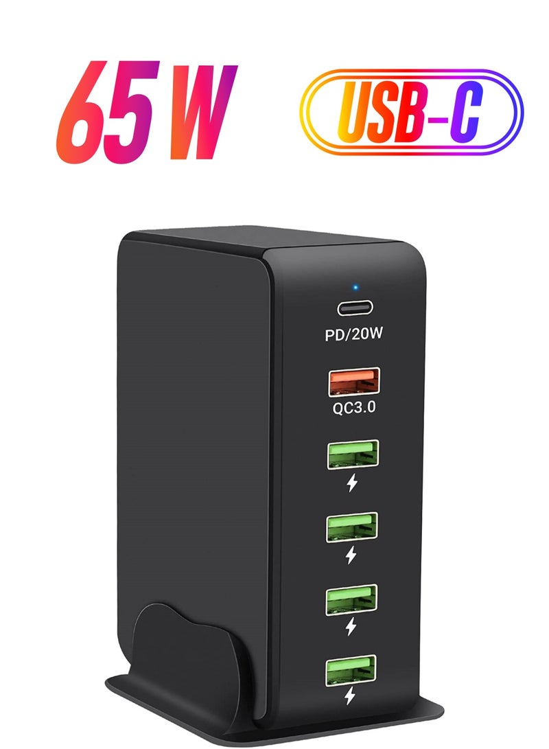 SYOSI Charger Block 6 in 1, 65W USB C Charger 3A, Charging Hub with 6 USB Ports for Multiple Electronics, USB Charging Station Multiports, Universal Desktop Phone Charger Travel Ready (Black) - Image 1