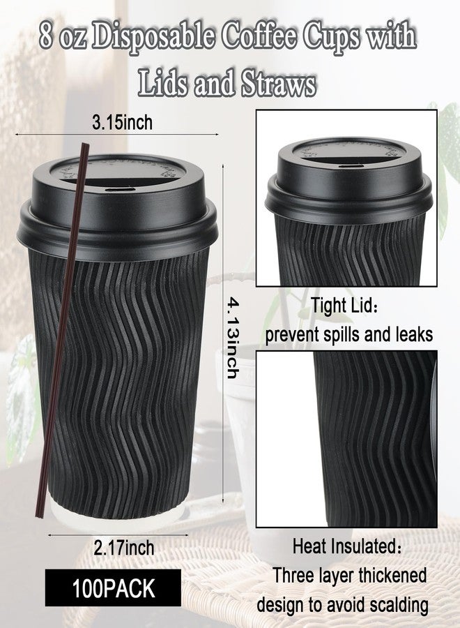 Tinsky 100 Pack 8 oz Disposable Coffee Cups with Lids and Straws, To go Insulated Corrugated Thick Paper Coffee Cups for Hot/Cold Beverages, Ripple Wall Cups for Espresso Coffee, Hot Chocolate and Cocoa - Image 2