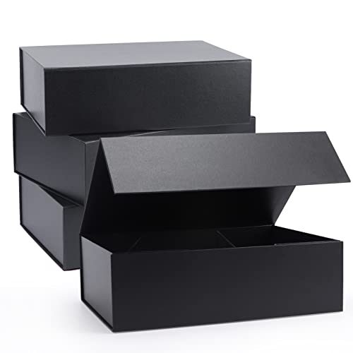 Giftgarden 4Pack 11x8x35 Black Gift Boxes with Magnetic Lids Large Collapsible Gift Wrap Box Magnet Clourse for Presents Mothers Day Birthday Wedding Bridesmaid Groomsman Proposal Box