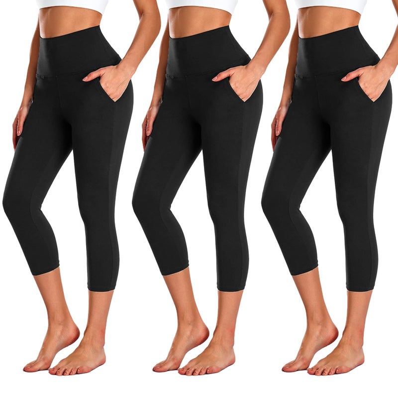 NEW YOUNG 3 Pack Capri Leggings for Women with Pockets-High Waisted Tummy Control Workout Gym Yoga Pants - Image 1