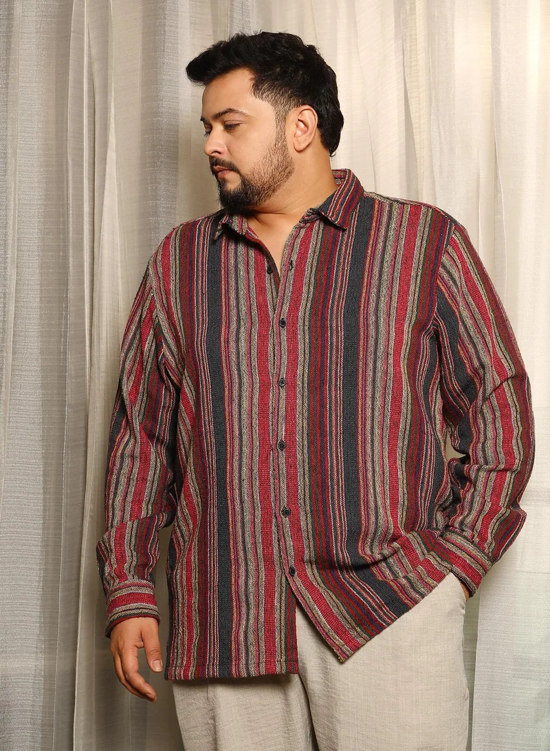 Instafab Plus Instafab Plus Men's Red & Blue Multitrack-Striped Woven Shirt For Casual Wear | Spread Collar | Long Cuffed Sleeves | Button Closure | Plus Size Shirt Crafted With Comfort Fit For Everyday Wear