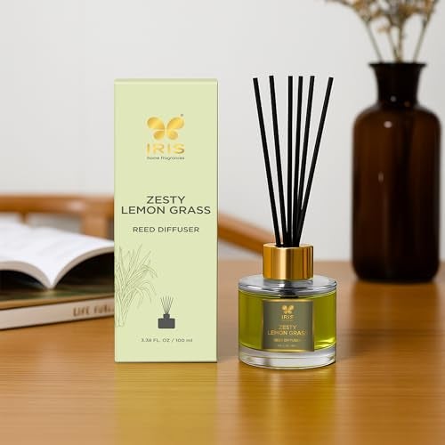 IRIS إيريس أروما ريد ديفيوزر – 100مل | عطر منزلي أنيق مع 6 عيدان ألياف، زجاجة مستديرة مع غطاء ذهبي | موزع عطر للديكور الدافئ والهدايا (ليمون جراس منعش) - Image 2