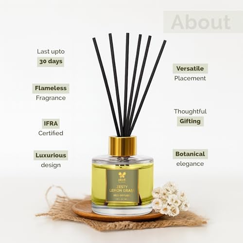 IRIS إيريس أروما ريد ديفيوزر – 100مل | عطر منزلي أنيق مع 6 عيدان ألياف، زجاجة مستديرة مع غطاء ذهبي | موزع عطر للديكور الدافئ والهدايا (ليمون جراس منعش) - Image 4