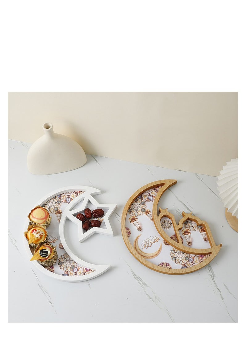 XiuWoo Ramadan Tray Eid Mubarak Tray Ramadan Kareem Moon Star Shape Tray Decoration Islam Wooden Artistic Moon Star Dessert Tray Ramadan Decorations for Table Moon Star Dessert Tray - Image 2