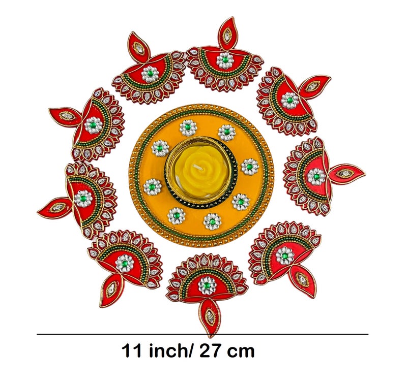 Krisah Acrylic Rangoli with T Light Holder Multicolour Handicraft Jewel Stone Decorations (Small) (Yellow) - Image 2