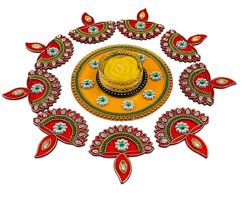 Krisah Acrylic Rangoli with T Light Holder Multicolour Handicraft Jewel Stone Decorations (Small) (Yellow) - Image 5