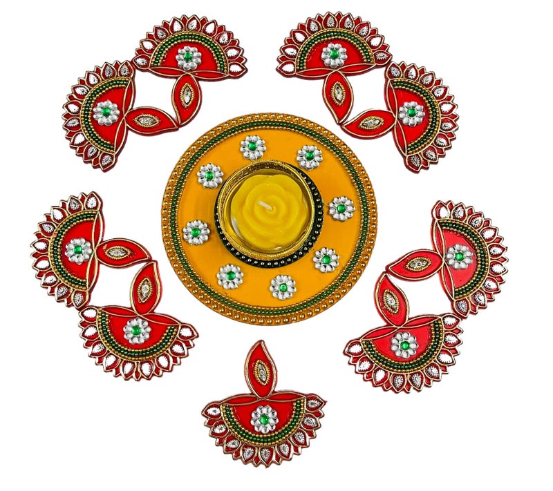 Krisah Acrylic Rangoli with T Light Holder Multicolour Handicraft Jewel Stone Decorations (Small) (Yellow) - Image 3
