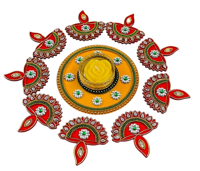 Krisah Acrylic Rangoli with T Light Holder Multicolour Handicraft Jewel Stone Decorations (Small) (Yellow) - Image 1