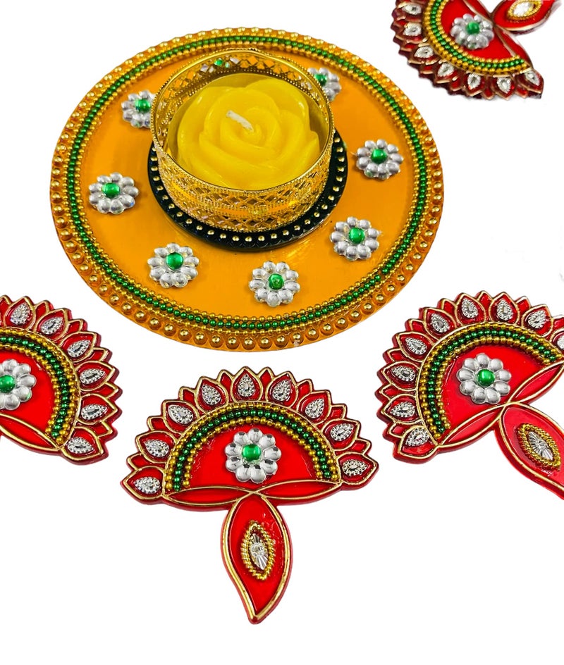 Krisah Acrylic Rangoli with T Light Holder Multicolour Handicraft Jewel Stone Decorations (Small) (Yellow) - Image 4