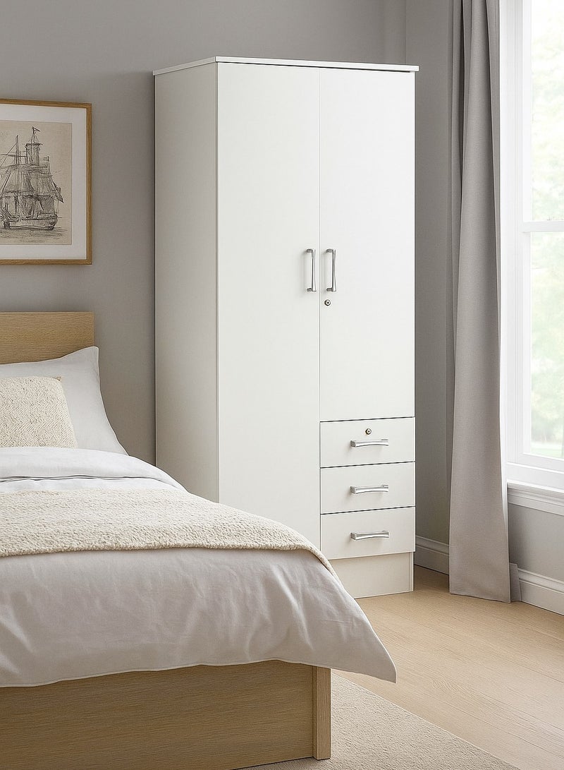 AFT Elegant White 2 Door Wardrobe with Full-Length Metal Hanging Rod, 3 Spacious Drawers with Metal Runners, MDF Board Construction, Ergonomic Metal Handles, and Durable Hinges – Ideal for Modern Storage Solutions. White(Arfan) - Image 1