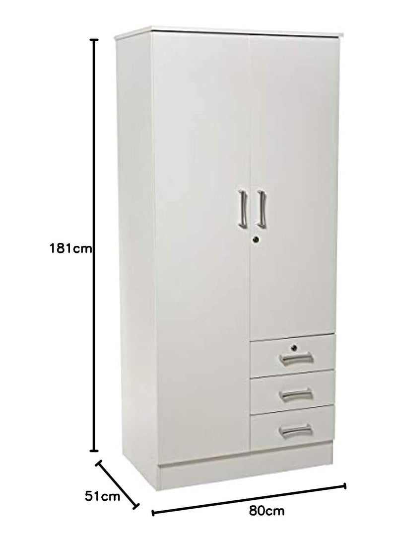AFT Elegant White 2 Door Wardrobe with Full-Length Metal Hanging Rod, 3 Spacious Drawers with Metal Runners, MDF Board Construction, Ergonomic Metal Handles, and Durable Hinges – Ideal for Modern Storage Solutions. White(Arfan) - Image 4