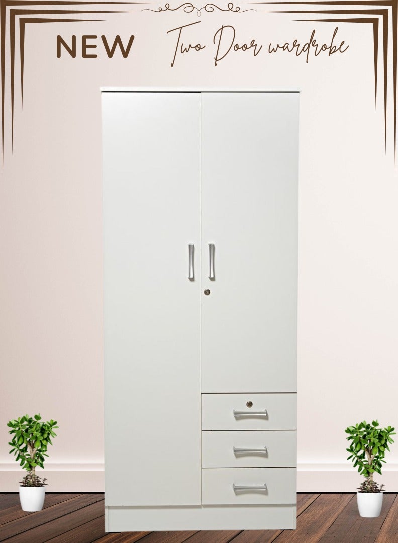 AFT Elegant White 2 Door Wardrobe with Full-Length Metal Hanging Rod, 3 Spacious Drawers with Metal Runners, MDF Board Construction, Ergonomic Metal Handles, and Durable Hinges – Ideal for Modern Storage Solutions. White(Arfan) - Image 3