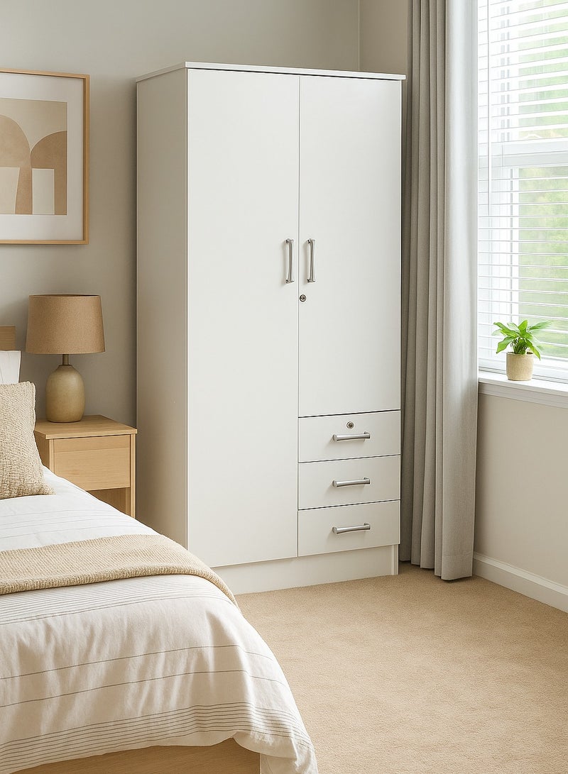 AFT Elegant White 2 Door Wardrobe with Full-Length Metal Hanging Rod, 3 Spacious Drawers with Metal Runners, MDF Board Construction, Ergonomic Metal Handles, and Durable Hinges – Ideal for Modern Storage Solutions. White(Arfan) - Image 2