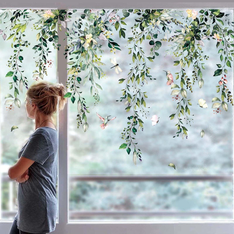 Whaline 9 Sheets Summer Flowers Window Clings Eucalyptus Flower Window Stickers Spring Plant Hanging Vine Floral Leaf Reusable Decals for Wedding Party Home Decor Supplies