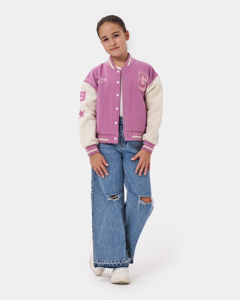 Minipodyum Girl's Suzene Embroidered Snap Front Closure Bomber College Jacket  - Image 1