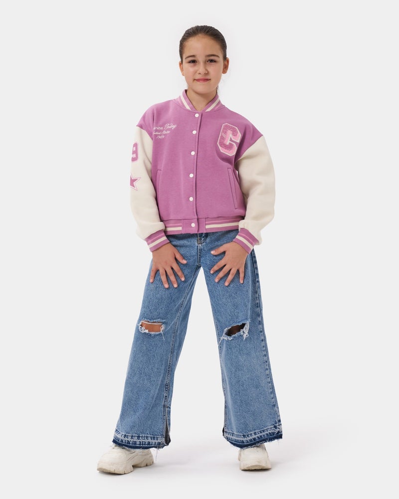 Minipodyum Girl's Suzene Embroidered Snap Front Closure Bomber College Jacket  - Image 5
