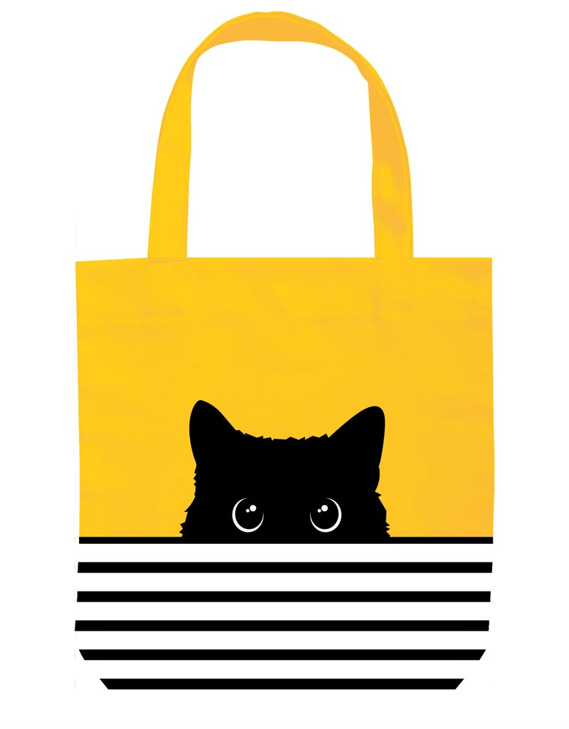 CurryFerry Black Cat Tote Bag  Black Cat Gifts for Kitty Lovers Women Mom  Kitty Themed Gifts  Hello Reusable Canvas Tote Bag  Birthday Bags Yellow Cat
