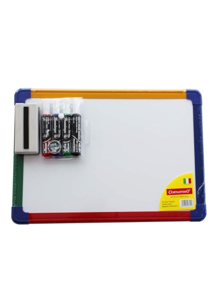 COSTANTINO سبورة بيضاء مغناطيسية مزدوجة الجوانب بحجم A4 مع إطار ملون وأقلام تحديد وممحاة مغناطيسية - Image 2