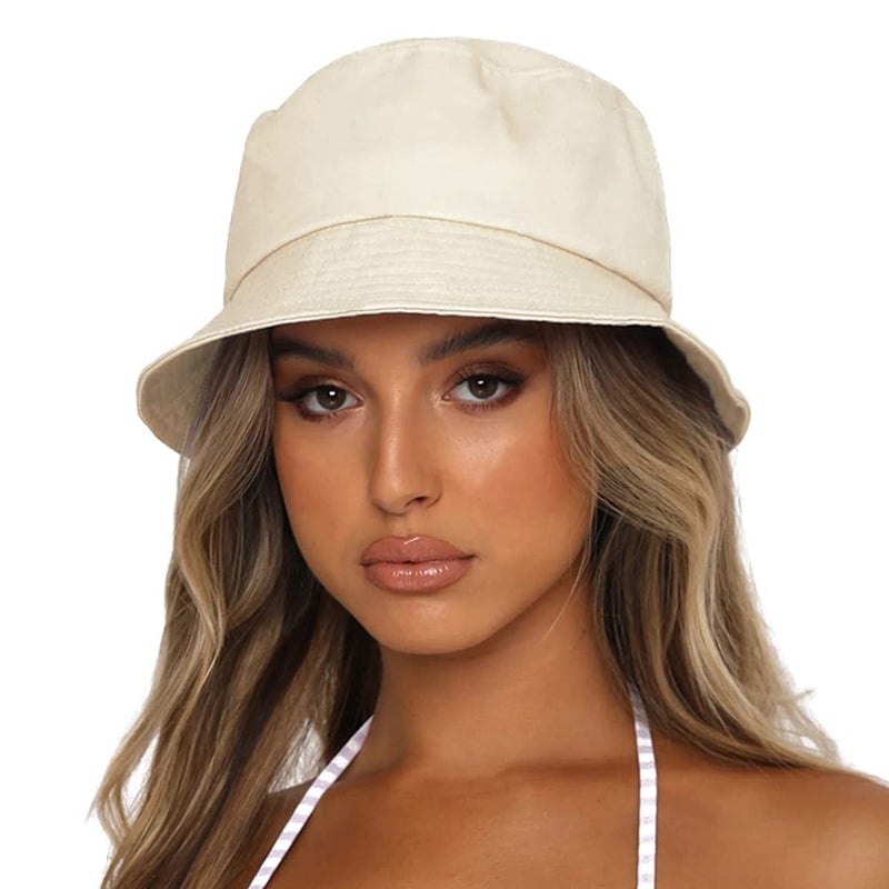 Sydbecs Bucket Hat for Women Men, Reversible Cotton Summer Sun Beach Cap Solid Color Style (Beige) - Image 1
