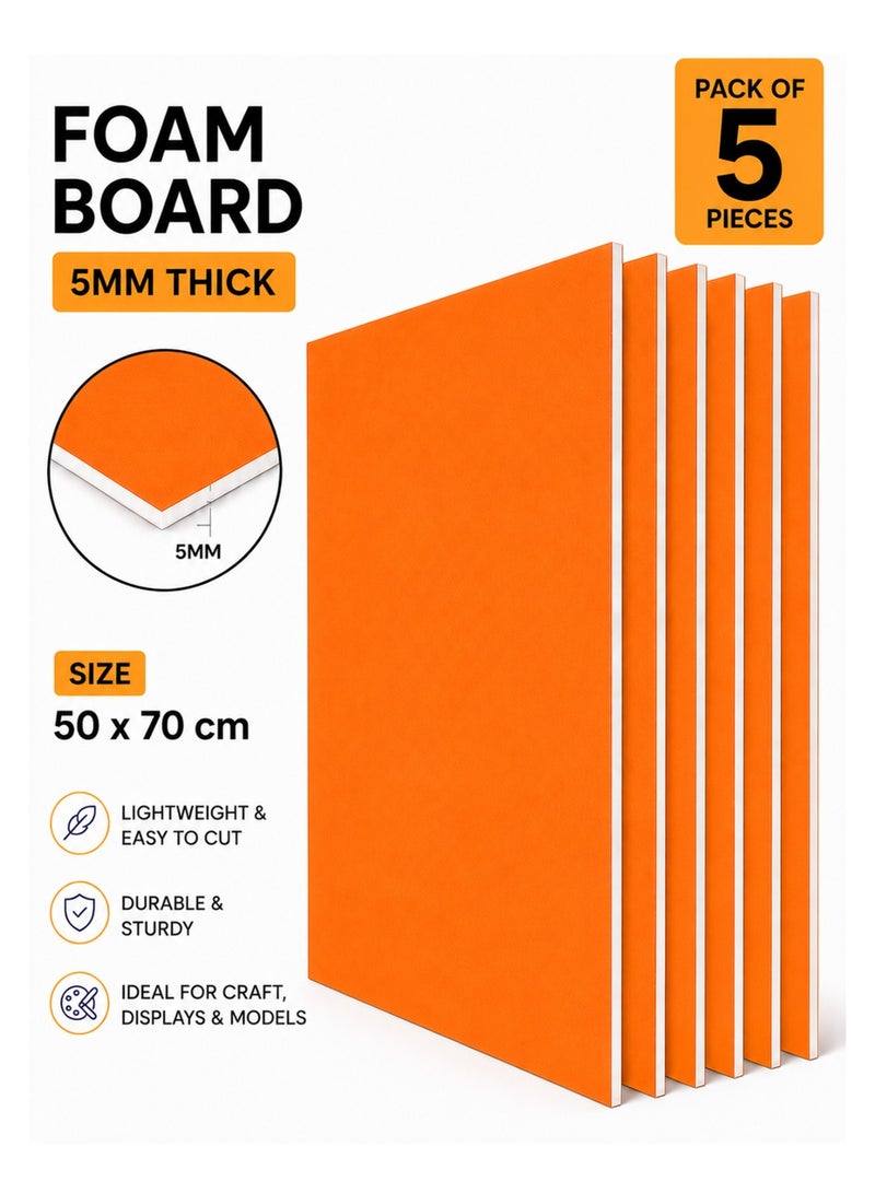 5-Piece 5mm Thick Foam Board For Craft And Illustration 50x70cm Size Orange - Image 1