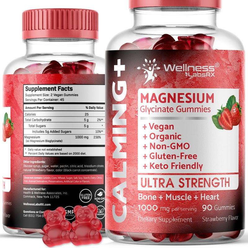 WELLNESS LABSRX Magnesium Glycinate Gummies 1000 mg Magnesium Supplement to Support Relaxation Heart Health Chewable Calm Magnesio Gummies for Adults Glicinato De Magnesio Strawberry Flavor