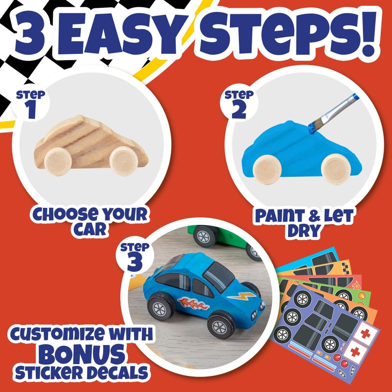 SCS Direct Kids Party Wood Painting Craft Kits (12Ct) 3-D Cars - Each Kit Has Its Own Brush  Paint  & Figure- 6 Designs Include Taxi  Trucks & More W Bonus Customizable Sticker Decals- Unique Holiday Xmas Gifts - Image 4