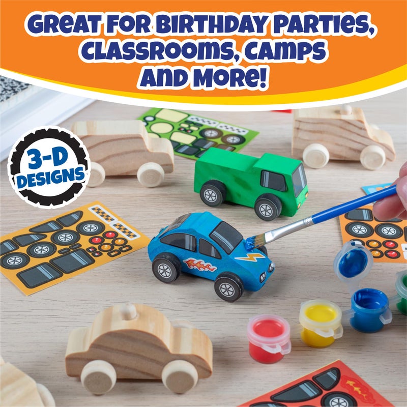 SCS Direct Kids Party Wood Painting Craft Kits (12Ct) 3-D Cars - Each Kit Has Its Own Brush  Paint  & Figure- 6 Designs Include Taxi  Trucks & More W Bonus Customizable Sticker Decals- Unique Holiday Xmas Gifts - Image 5