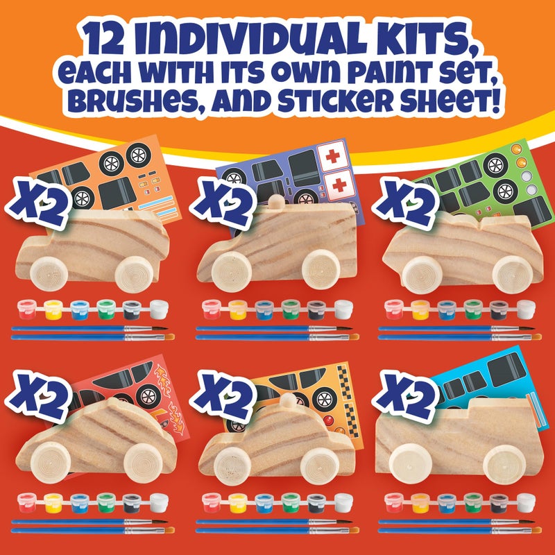 SCS Direct Kids Party Wood Painting Craft Kits (12Ct) 3-D Cars - Each Kit Has Its Own Brush  Paint  & Figure- 6 Designs Include Taxi  Trucks & More W Bonus Customizable Sticker Decals- Unique Holiday Xmas Gifts - Image 3