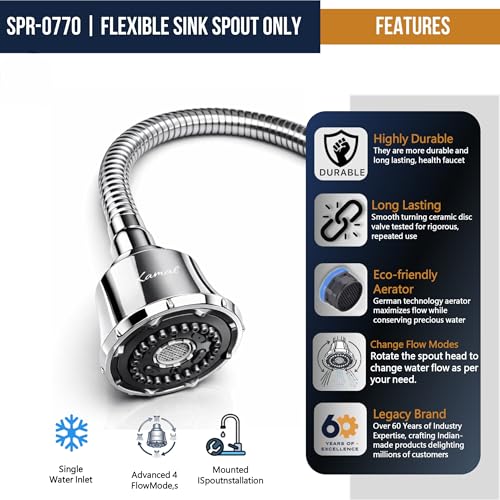 Kamal Replacement Only Spout for Kitchen Sink Spray Dixy Faucet | 304 Grade Stainless Steel | 360-degree Flexible Rotation Shower and Foam Flow Mode with Chrome Finish - Image 3