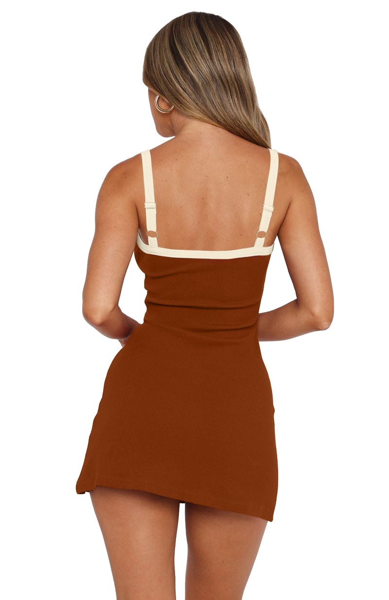 MISSJOY Women’s Square Neck Ribbed Bodycon Sleeveless Spaghetti Strap Graduation Homecoming Party Dress Casual Chic College Outfit for Women Teens Juniors Brown - Image 3