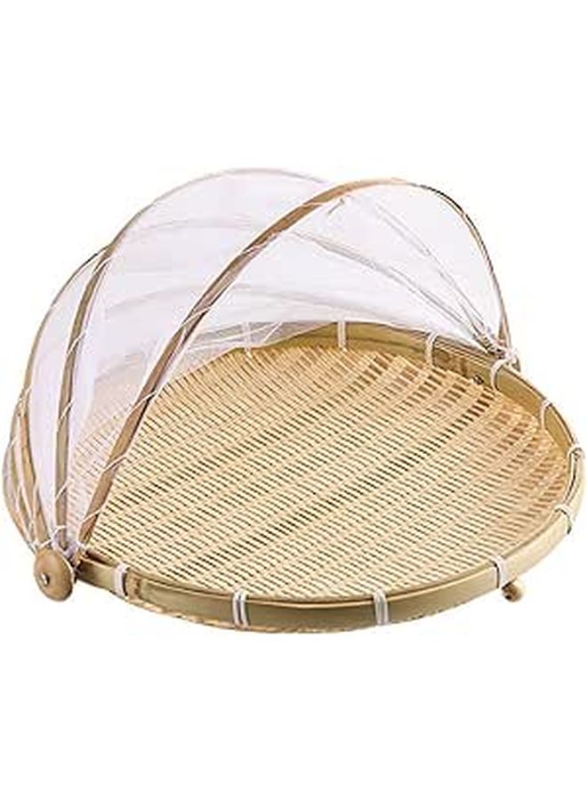 Hand Woven Round Bread Basket With Mesh Cover Dustproof For Kitchen Picnic - Image 1