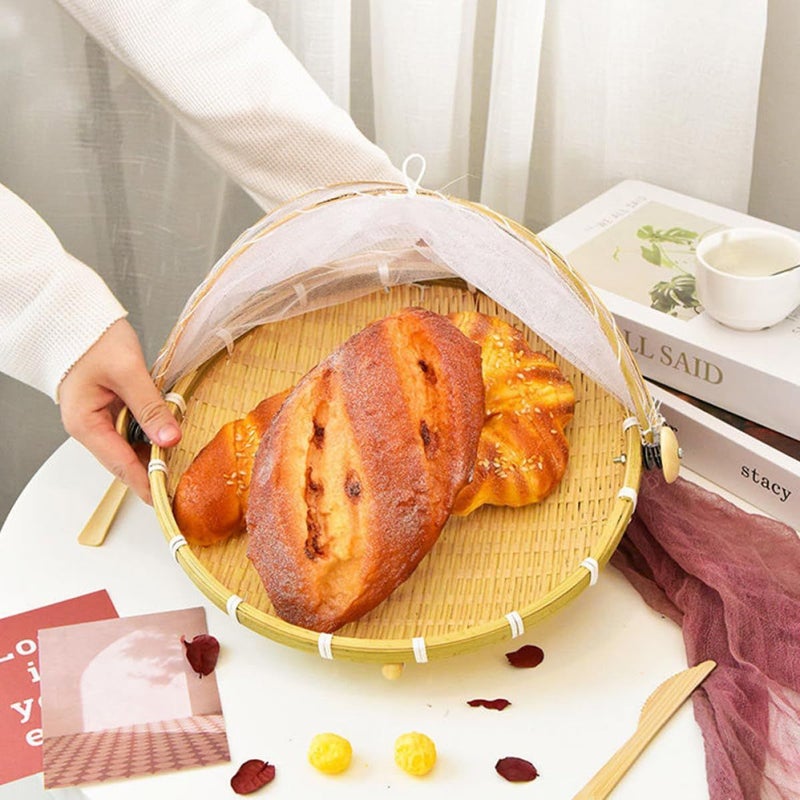 Hand Woven Round Bread Basket With Mesh Cover Dustproof For Kitchen Picnic - Image 5