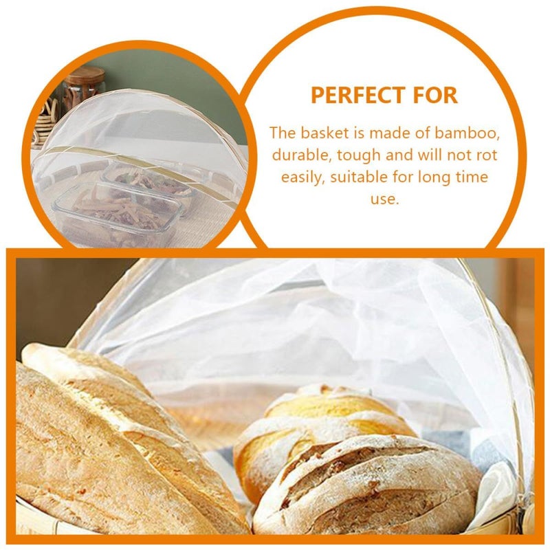 Hand Woven Round Bread Basket With Mesh Cover Dustproof For Kitchen Picnic - Image 4