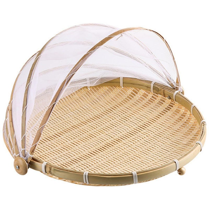 Hand Woven Round Bread Basket With Mesh Cover Dustproof For Kitchen Picnic - Image 2