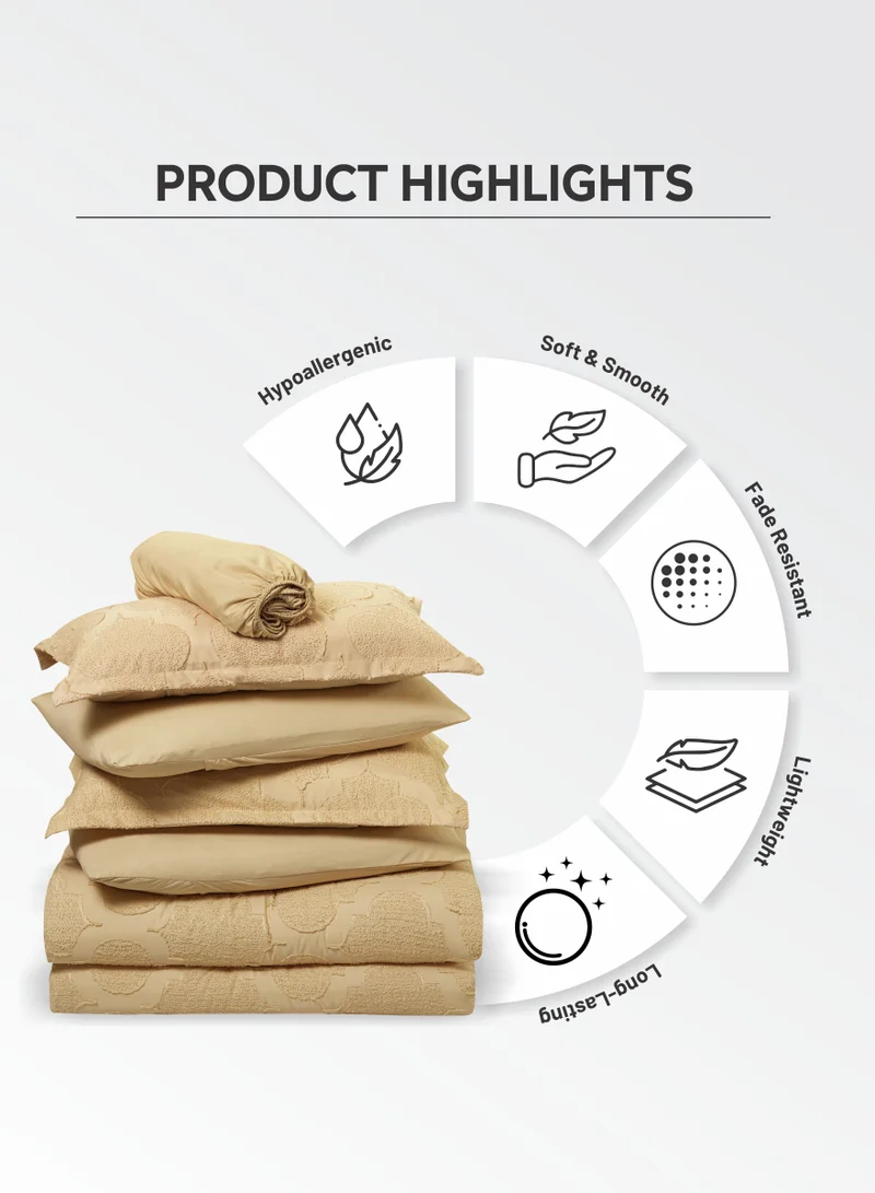 Donetella Duvet Set 6-Pcs King Size Embroidered Tufted Microfiber Bed Set With 1 Duvet Cover(220 x 240 CM) 1 Fitted Sheet 2 Pillow Sham And 2 Pillowcases(Without Filler),Dark Beige