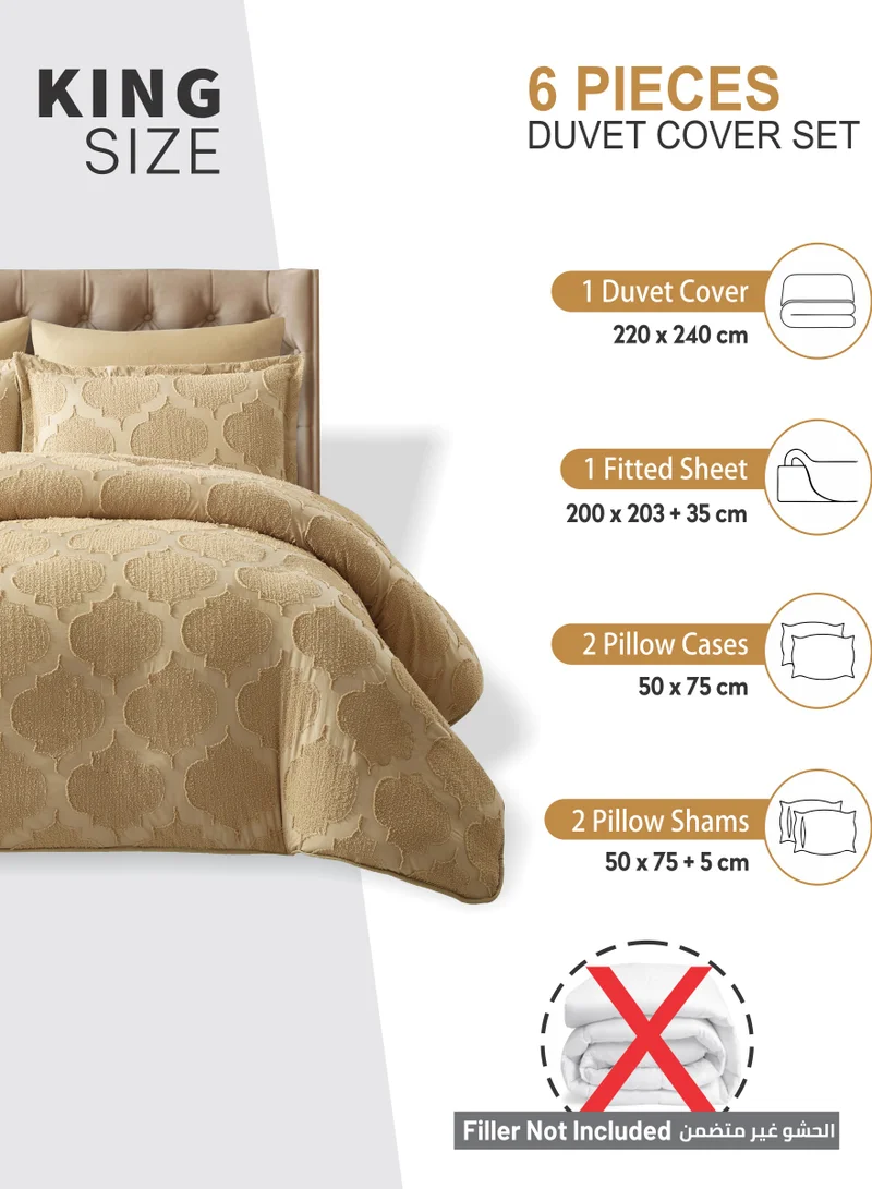 Donetella Duvet Set 6-Pcs King Size Embroidered Tufted Microfiber Bed Set With 1 Duvet Cover(220 x 240 CM) 1 Fitted Sheet 2 Pillow Sham And 2 Pillowcases(Without Filler),Dark Beige